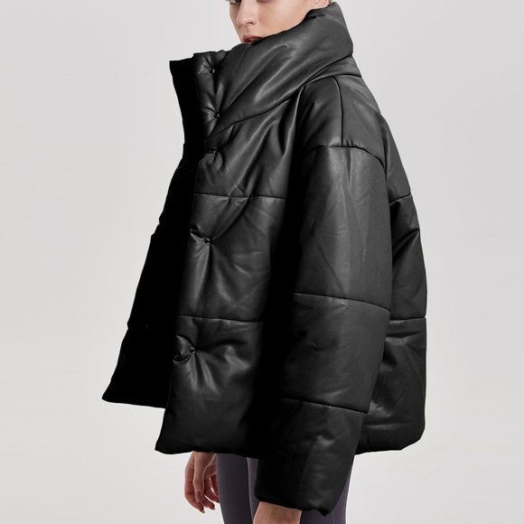 NWOT LIT Puffer Faux-leather Snap Fluffy Coat S black MSRP $199 - Picture 2 of 11